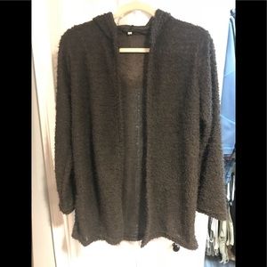 Fuzzy gray hooded open sweater